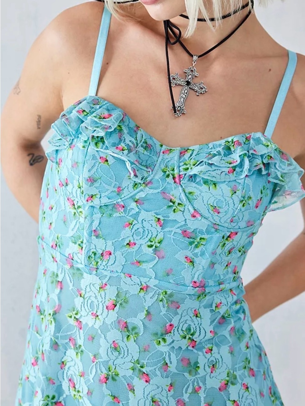 Betsey Johnson Aqua Pink Floral Lacey Mini Dress - Picture 2 of 7
